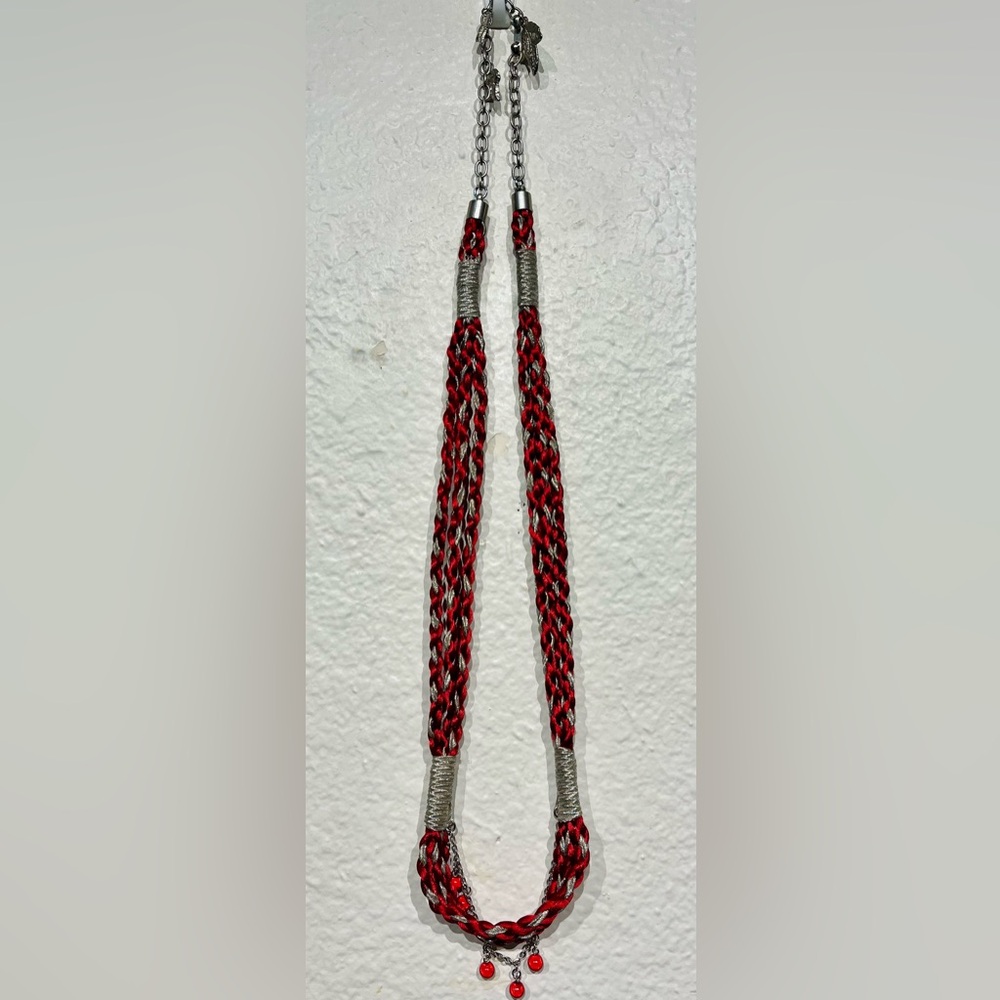 Vintage Red and Silver Tone Braided Cord Necklace